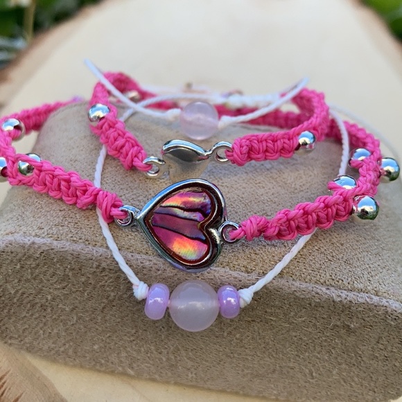 Mommy & Me Girl Love Rose quartz Stone set bracelet Handmade, pink/silver. - Picture 4 of 10
